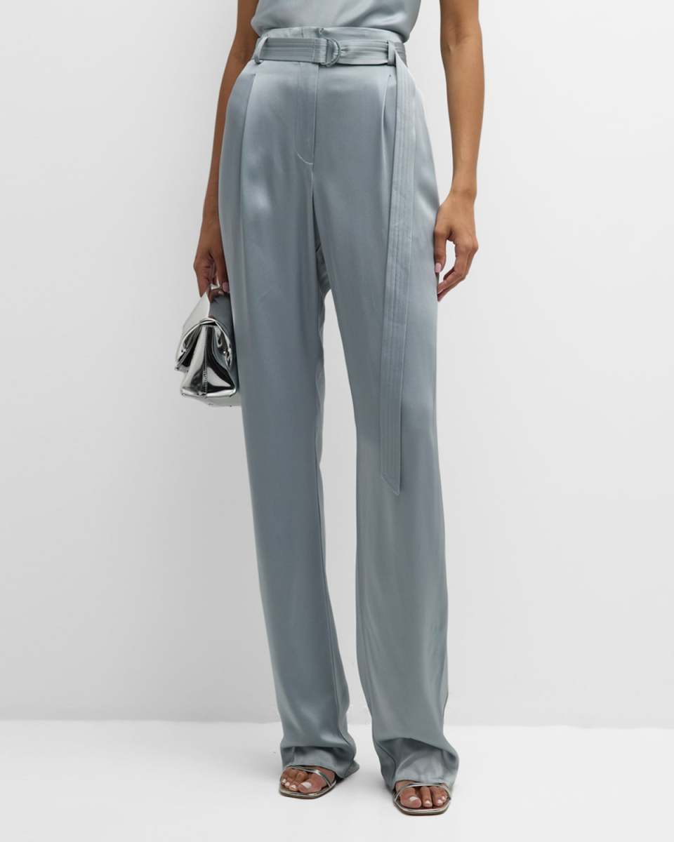 High-Rise Belted Pleated Straight-Leg Doubleface Satin Pants